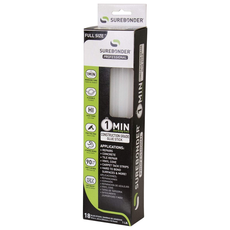Surebonder Construction Professional Grade Adhesive Hot Melt Glue Sticks - Full Size 10" L, 0.43" D - 1 Minute Working Time, for Home Repairs & Strong Bonds, (CG-1R10T) - Image 1